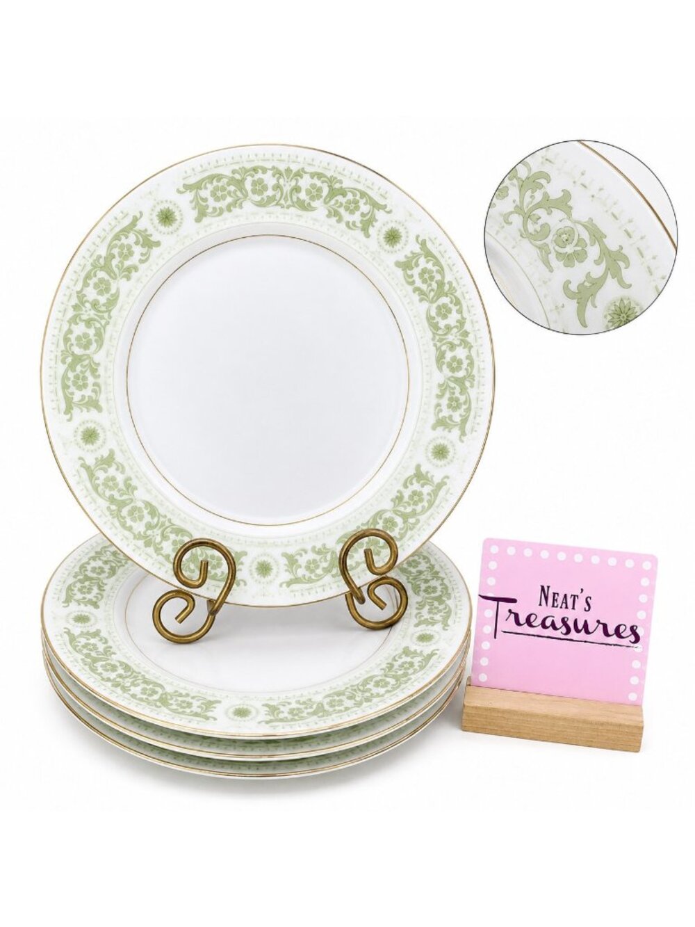 Mikasa ARABESQUE 9361 Green Scroll Design Rim Gold Trim China Dinner Plate Set 4